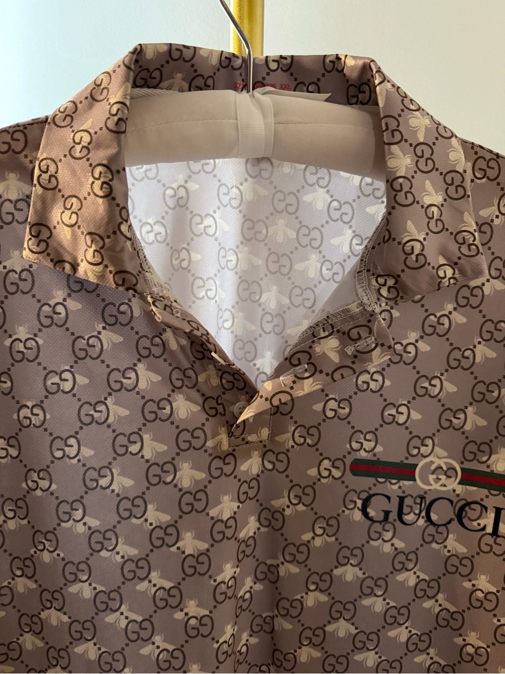Gucci Brown Beige GG-Print Polo with Web Stripe